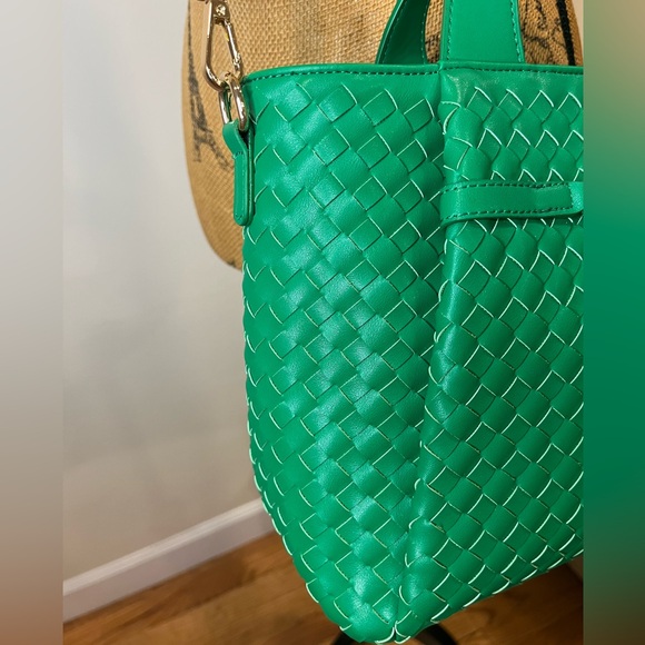 Anthropologie Faux Leather Woven Tote Crossbody Bag Green MSRP $100 - Picture 4 of 14